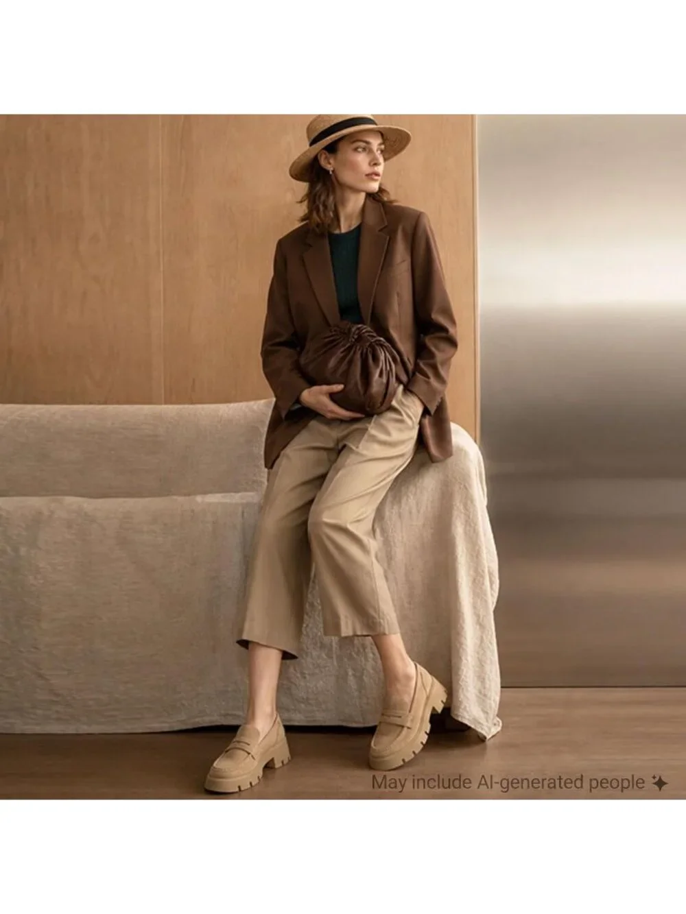 Women's Camel Round Toe Heeled Chunky Lug Sole Slip On Casual Penny Loafer Shoes